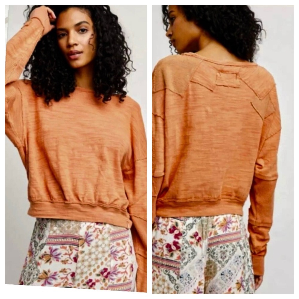 Free People 5 Star Tee XS Patchwork Slub Knit Thumbholes Orange Boho Gorpcore‎